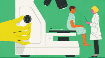 Illustration of a doctor analyzing a patient under a giant microscope.