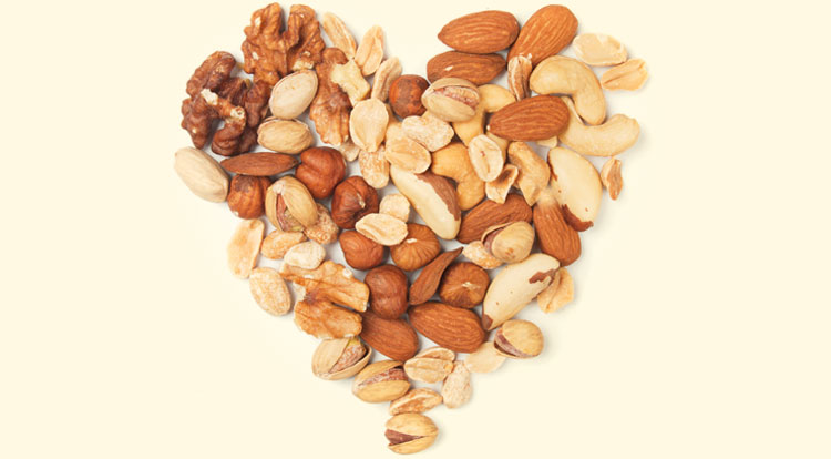 Variety of nuts shaped into a heart