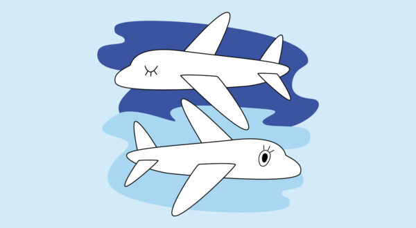 Two illustrated, cartoon planes in the sky