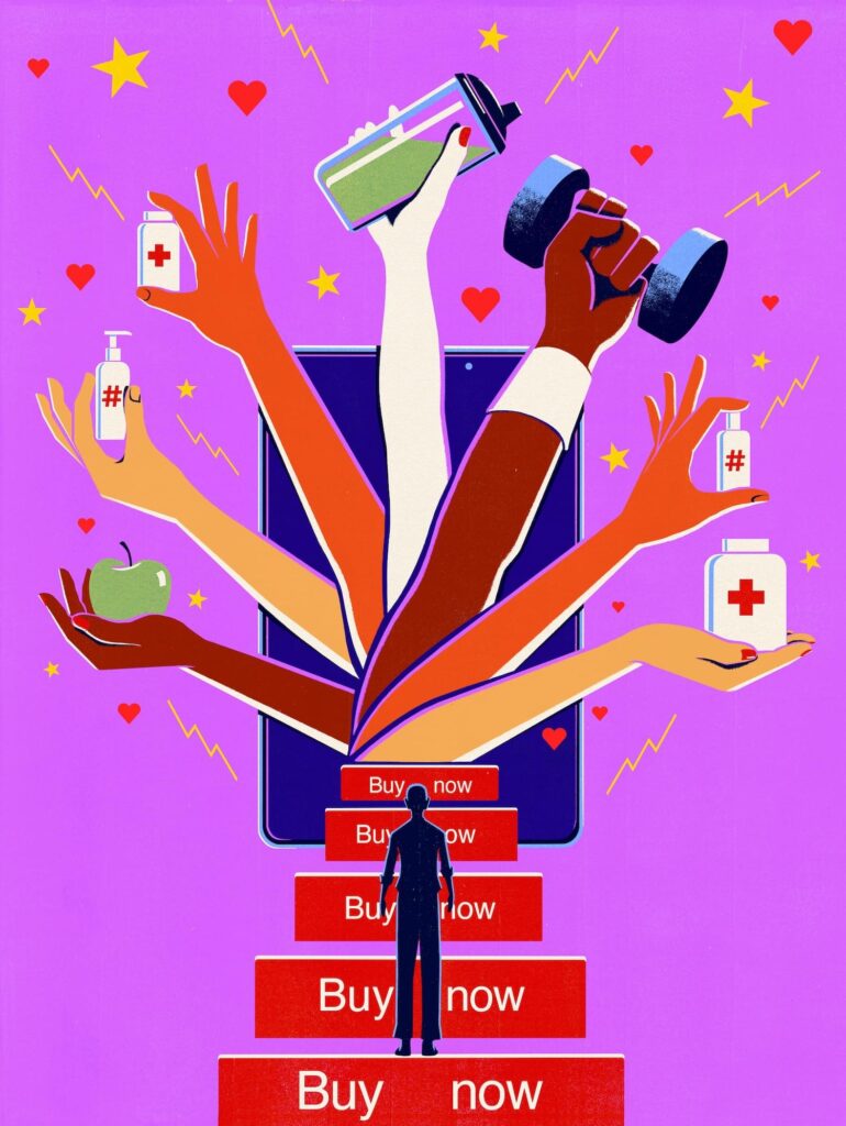 Brigham Health: Truth, Lies or Marketing Illustration of arms holding multiple gadgets